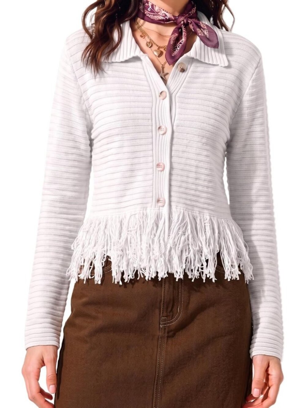Women's White Knit Button Front Collared Fringe Hem Western Cardigan Sweater